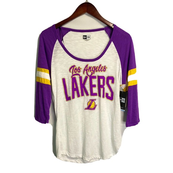 Nwt New Era Women’s Los Angeles Lakers‎ Tee 3/4 Sleeve White Purple Gold Medium - Picture 1 of 4
